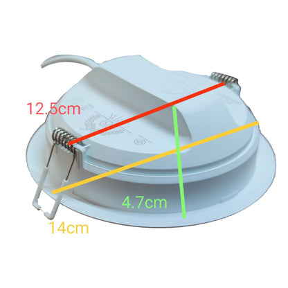 Measurement chart of a white light fixture with labeled dimensions on a white background