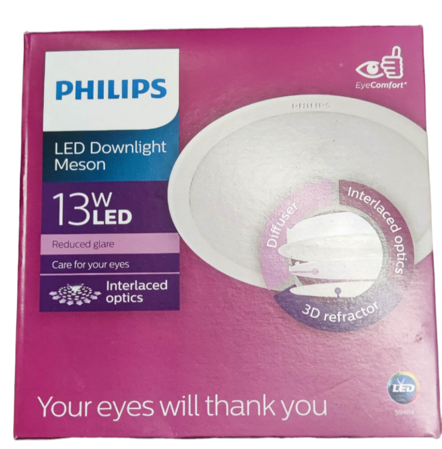 Philips LED Downlight Meson packaging on a pink background