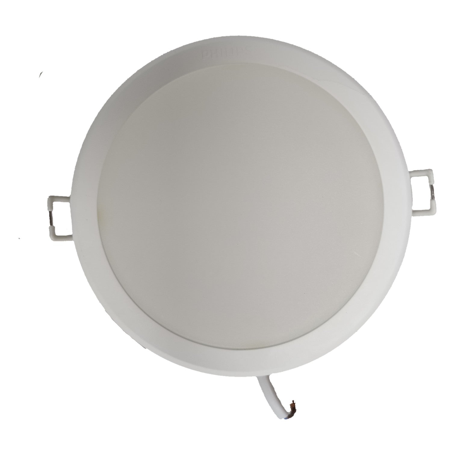 Round white light fixture on a white background