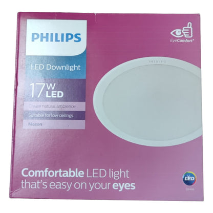 Philips LED Downlight packaging with purple background and white light fixture illustration.