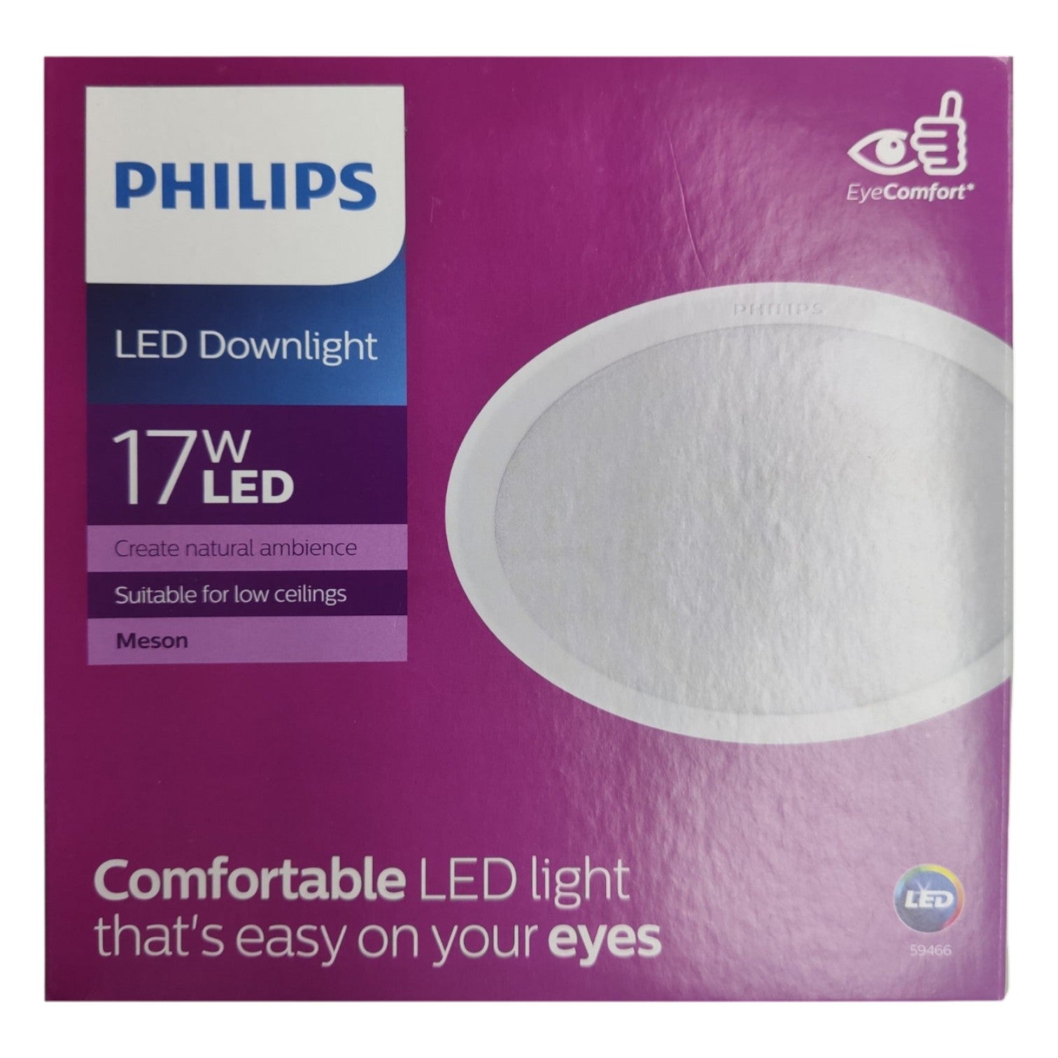 Philips LED Downlight packaging with purple background and white LED fixture illustration.