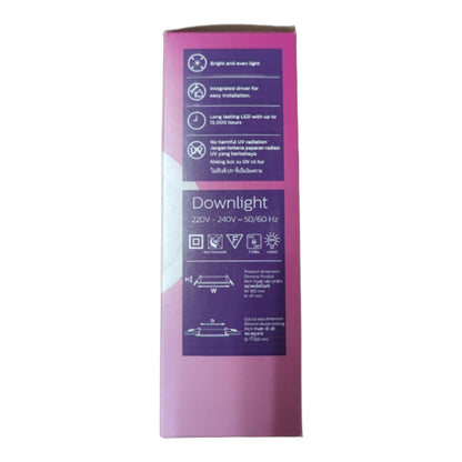 Purple packaging with text and icons on a white background