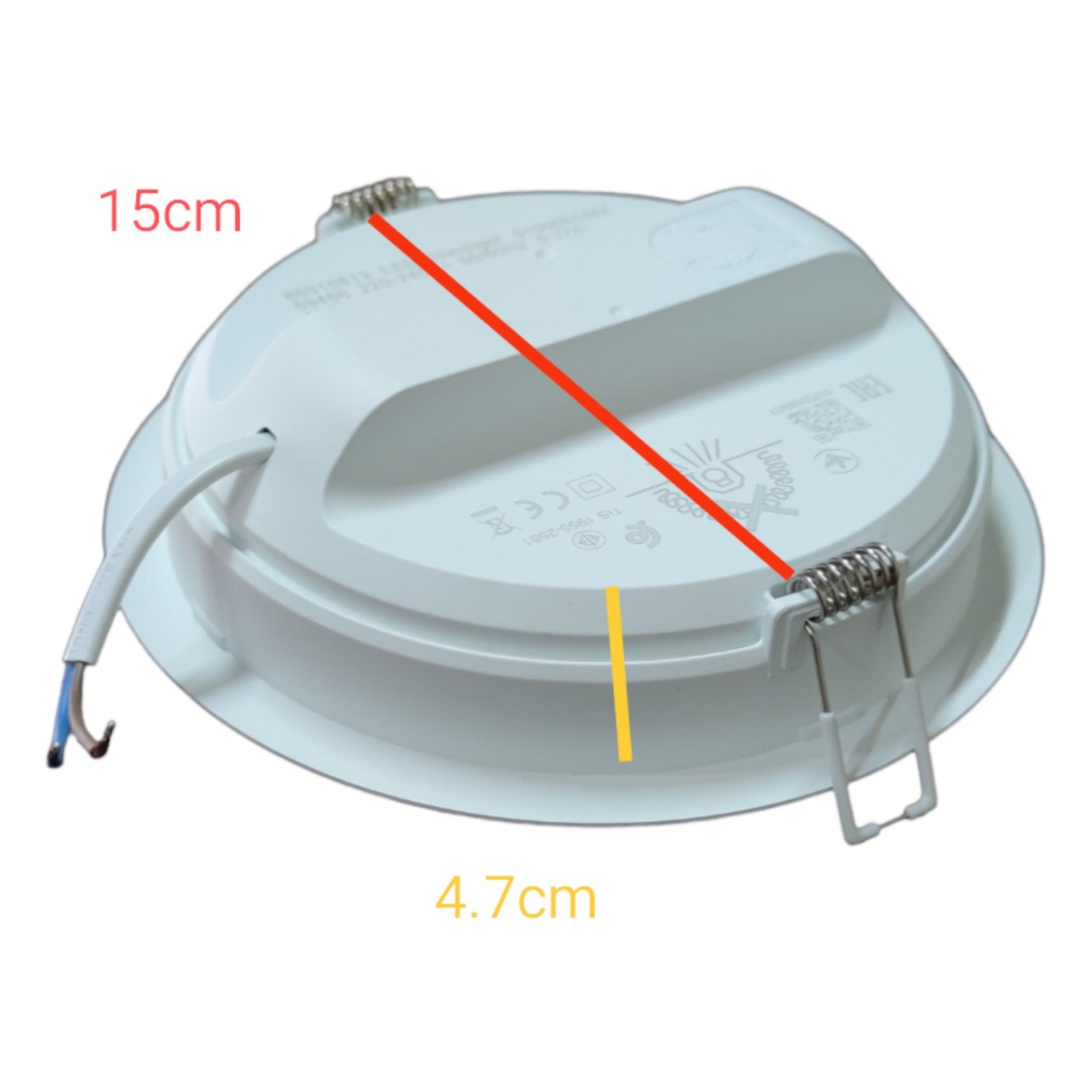 Round white light fixture with measurements on a white background