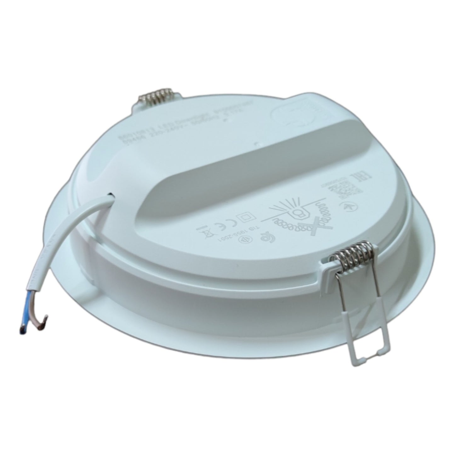 White LED downlight with wiring on a white background