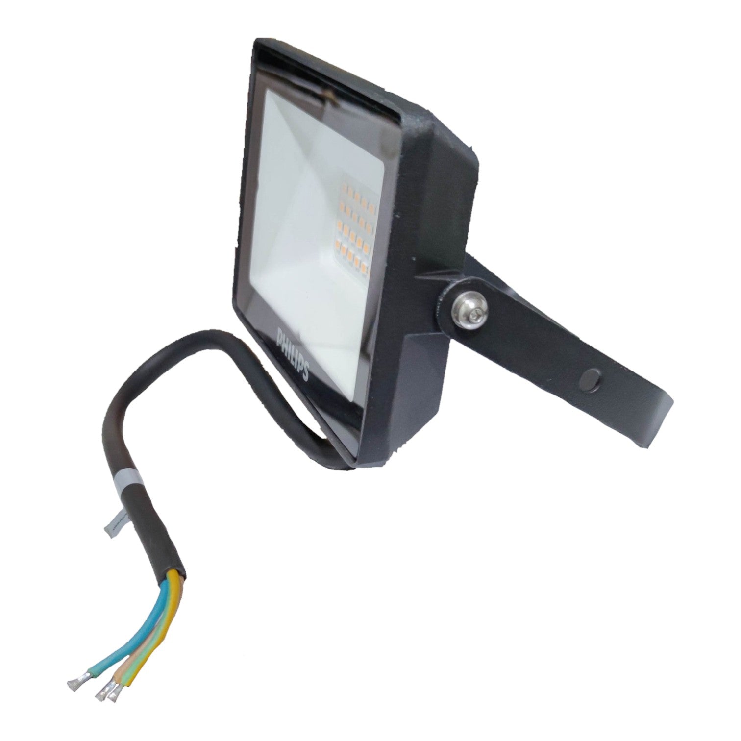 Black outdoor flood light with wiring on a white background
