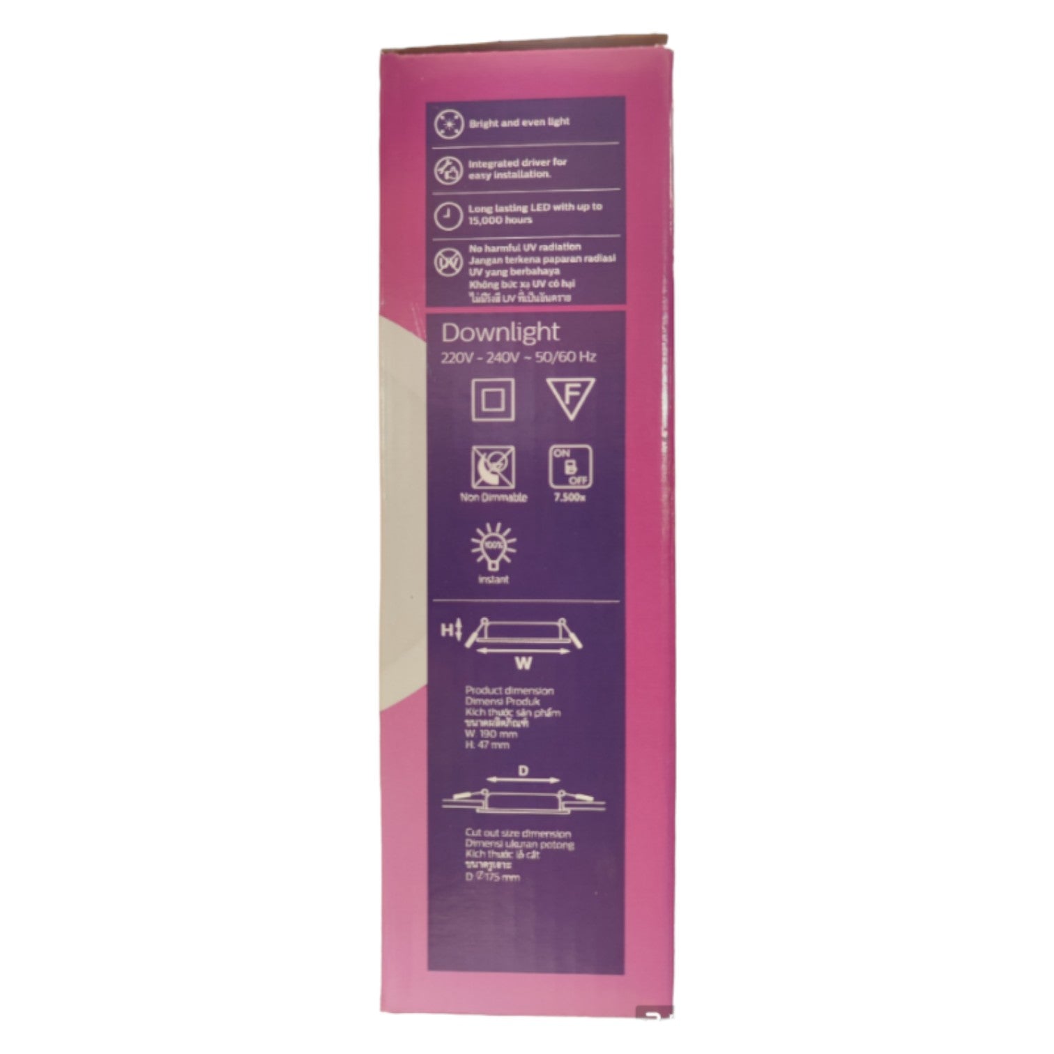 Pink packaging with purple label for a downlight fixture on a white background