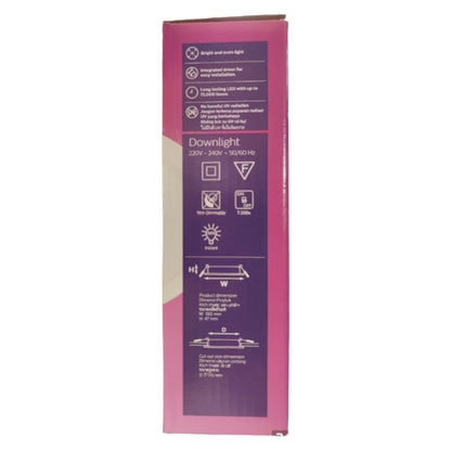 Pink packaging with purple label for a downlight fixture on a white background