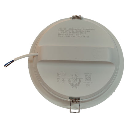 Round LED downlight with visible wiring on a white background