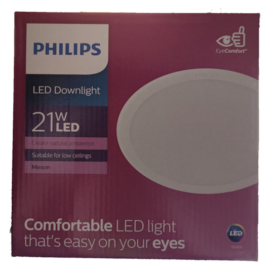 Philips LED Downlight packaging with a purple background