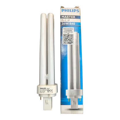 Philips fluorescent light bulb with packaging on a white background Philips 26W Pinlight Cool White 4000K GD24d-2 CFL Compact Fluorescent Lamp PLC2P26W/840 Electx Electrical Supply