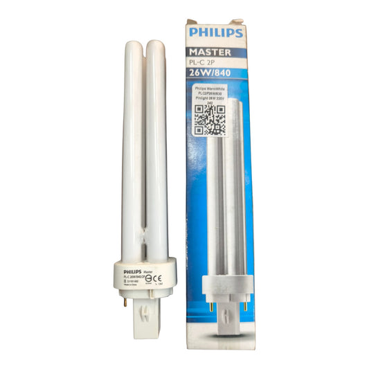 Philips fluorescent light bulb with packaging on a white background Philips 26W Pinlight Cool White 4000K GD24d-2 CFL Compact Fluorescent Lamp PLC2P26W/840 Electx Electrical Supply