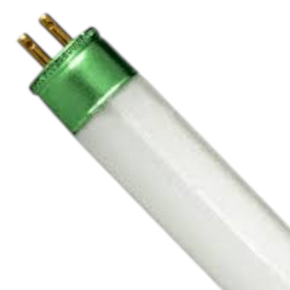 Fluorescent light bulb with green base on a white background