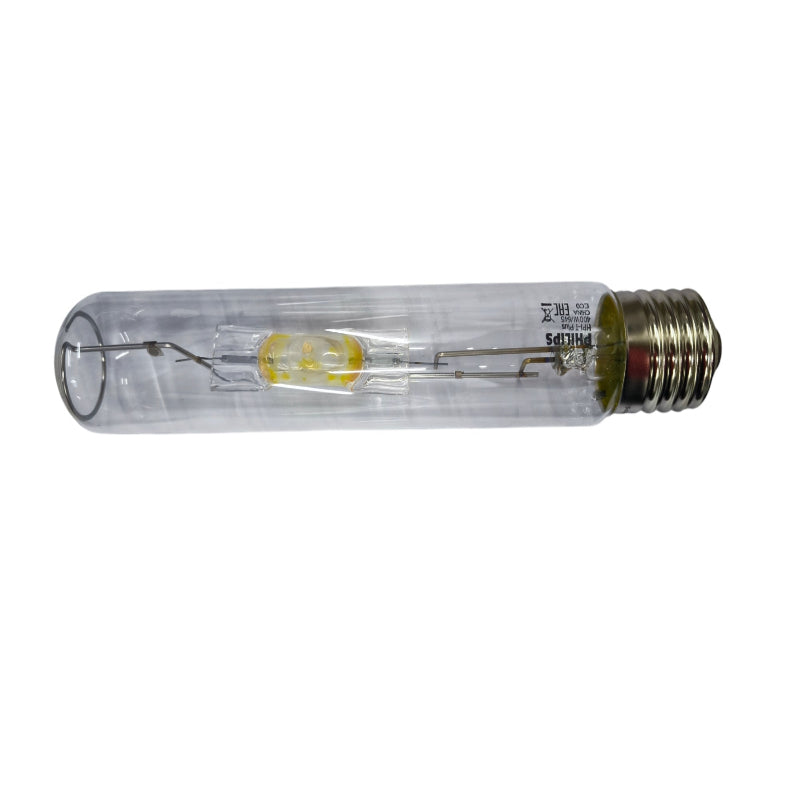 Clear light bulb with metal base on a white background