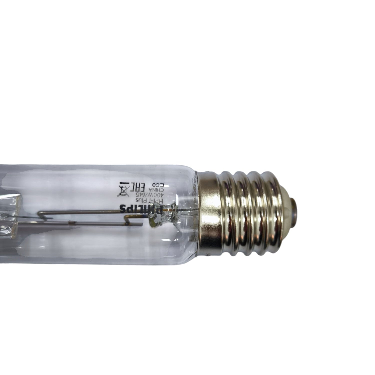 Light bulb with clear glass and metal base on a white background