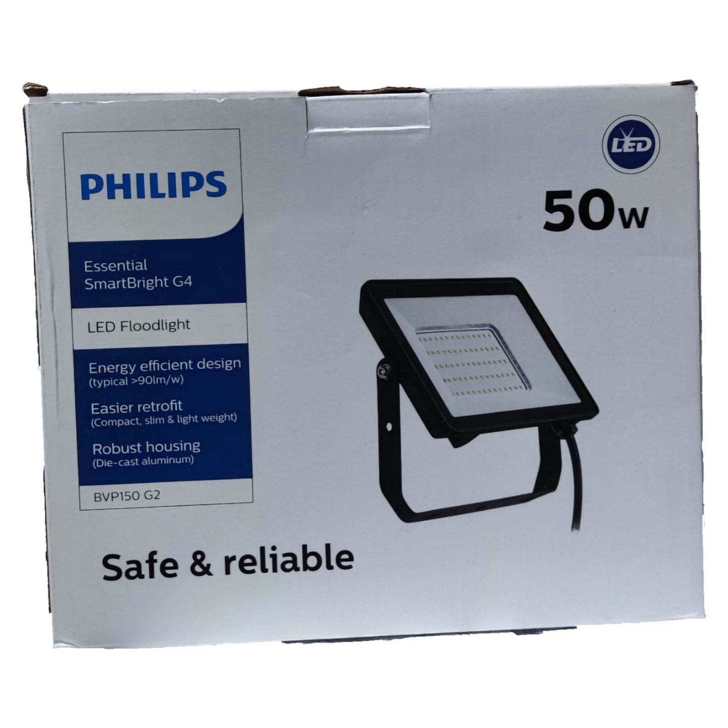Philips LED floodlight packaging with specifications on a white background