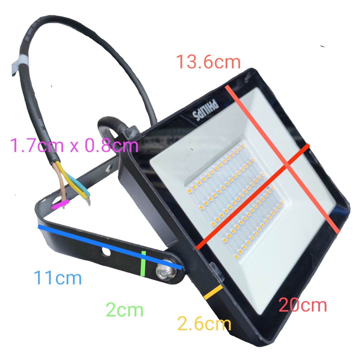 LED flood light with dimensions labeled on a white background