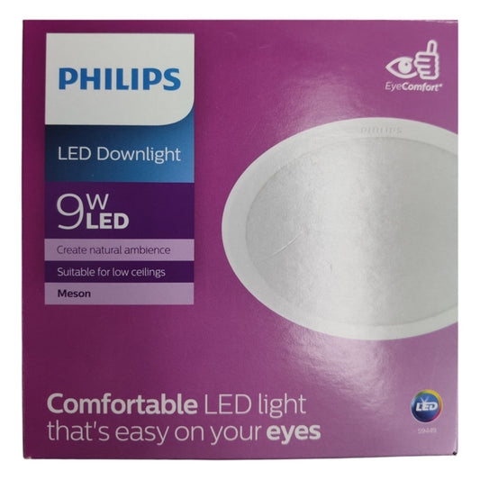 Philips LED Downlight packaging with purple background and white light fixture image.