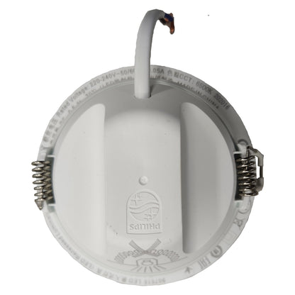 Round white light fixture with a brand logo on a white background