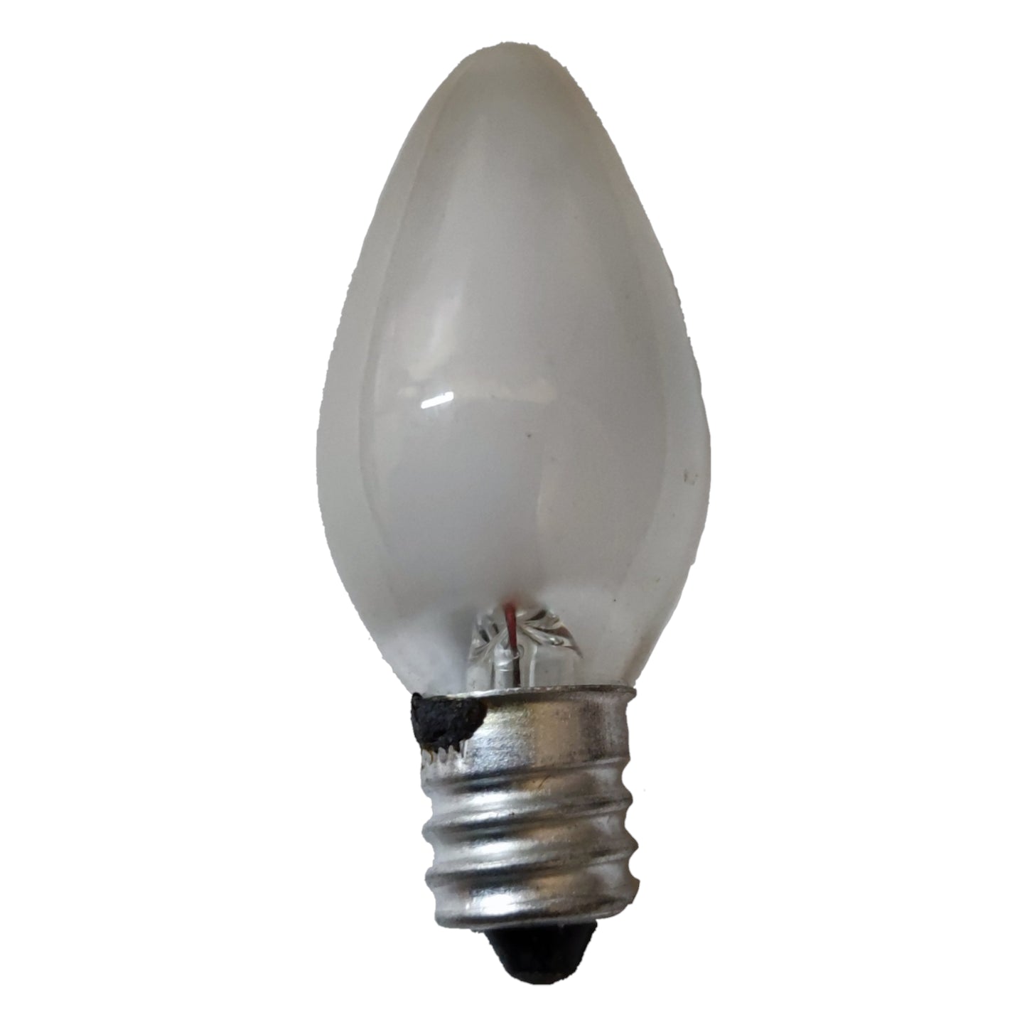 Candle-shaped light bulb with silver base on a white background