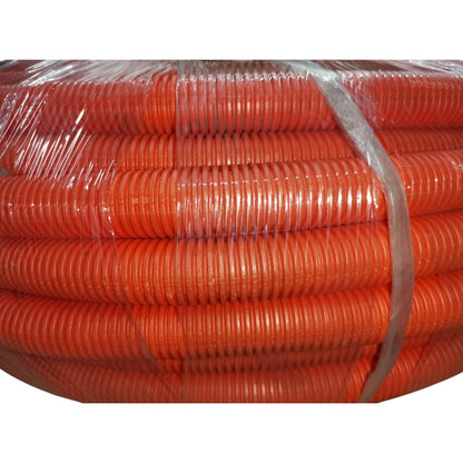 Large coil of orange flexible hose on a white background