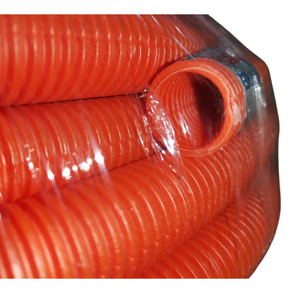 Orange flexible hose coiled up with clear plastic wrap on a white background