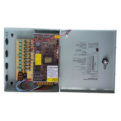Electrical control panel with wiring and components on a white background