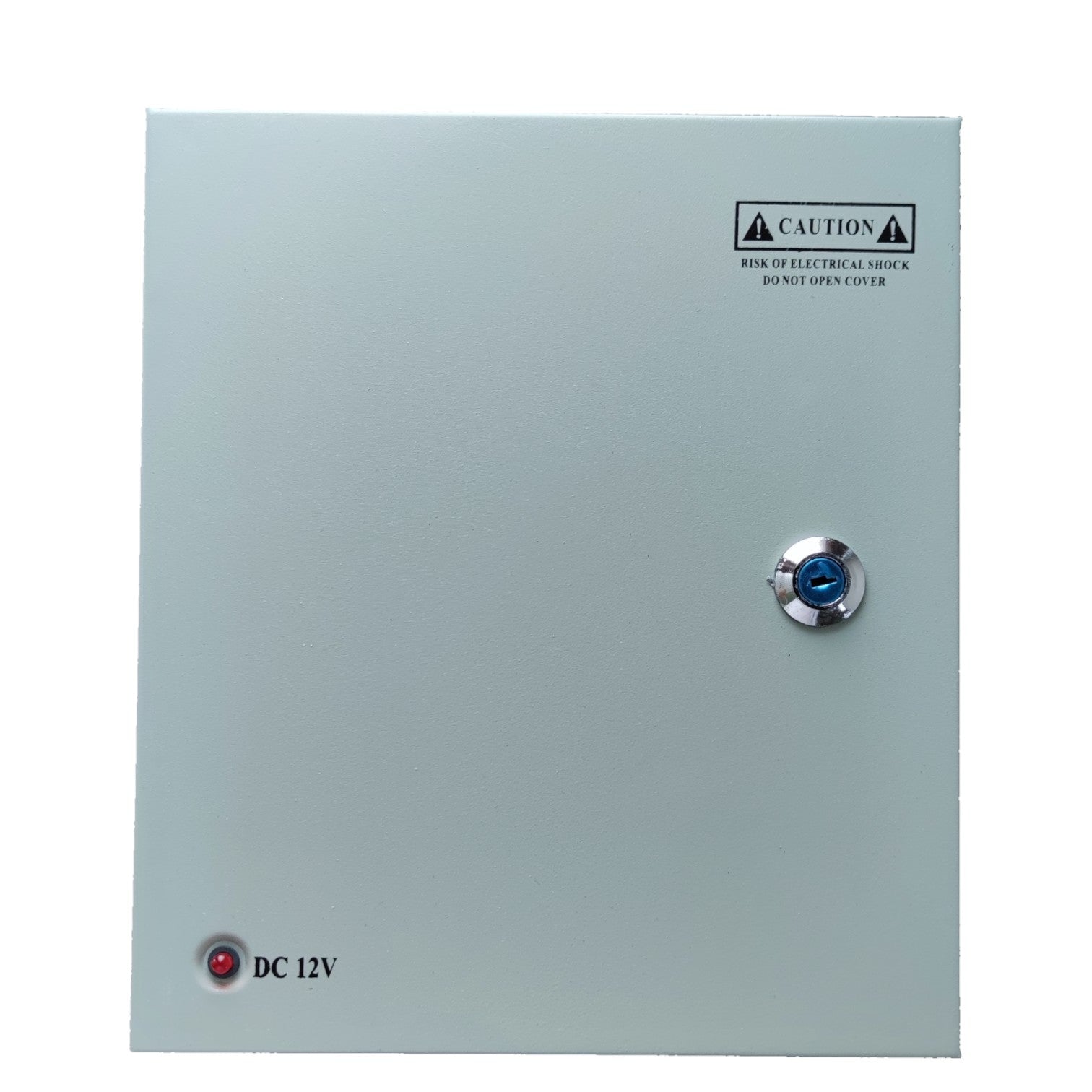 Electrical panel with DC 12V label and caution sign on a white background