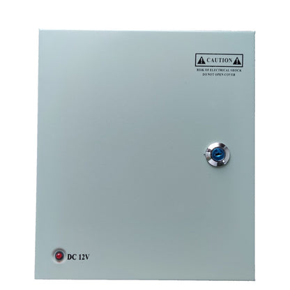 Electrical panel with DC 12V label and caution sign on a white background