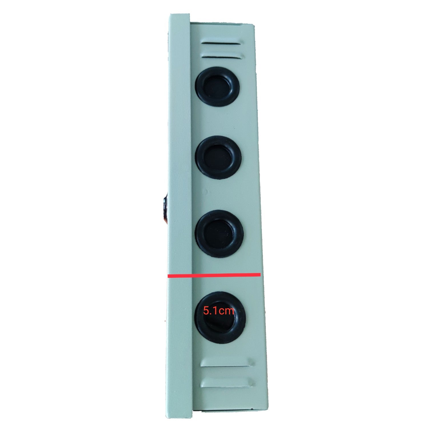 Electronic device with three black buttons and a digital display on a white background