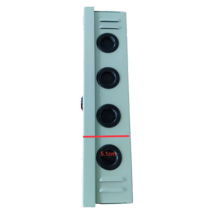 Electronic device with three black buttons and a digital display on a white background