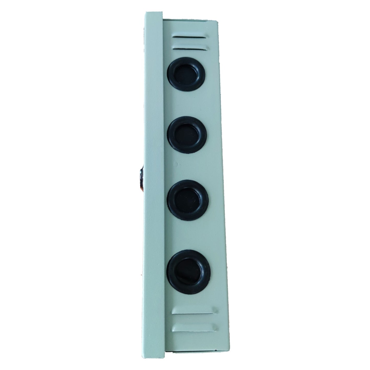 Light gray rectangular device with four black circular components on a white background