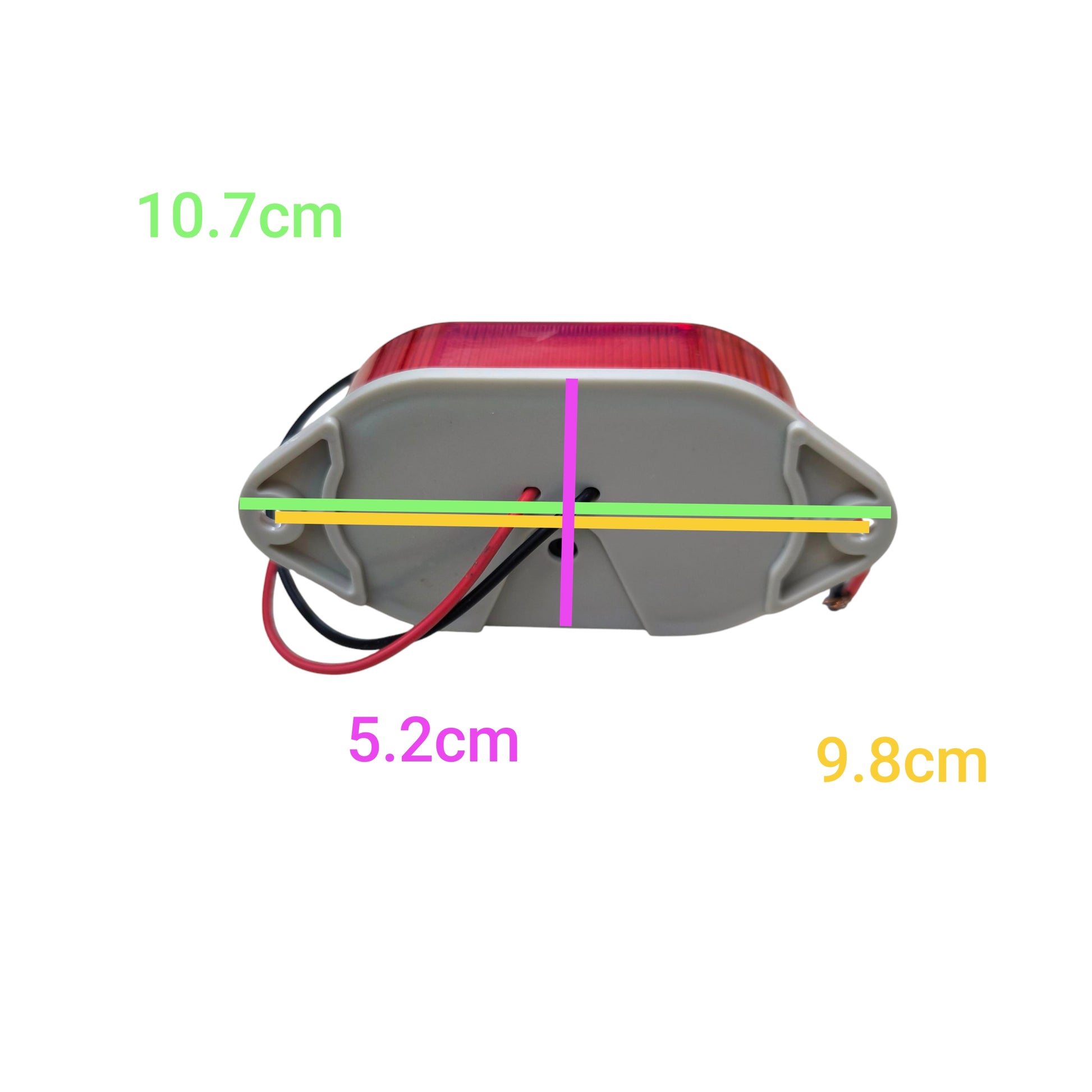 Denko work and safety light shown from the side with dimensions 10.7 cm height 9.8 cm length and 5.2 cm width