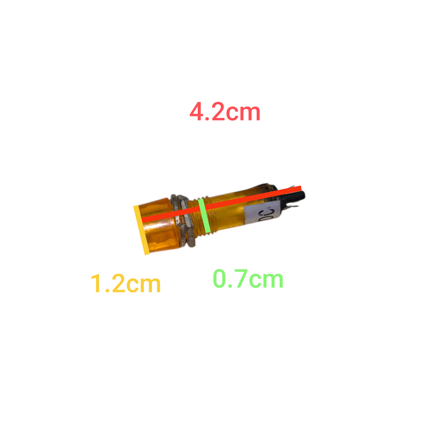 Measurement scale of a cylindrical object with dimensions labeled on a white background Round Pilot Lamp 7mm Indicator Available in 12V or 220V Color Yellow Electx Electrical Supply