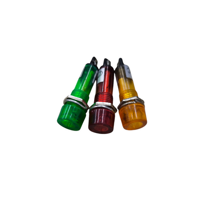 Three small light bulbs in green, red, and yellow on a white background Round Pilot Lamp 7mm Indicator Available in 12V or 220V Color Yellow, Red, Green Electx Electrical Supply