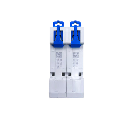 Electrical circuit breaker with blue handles on a white background