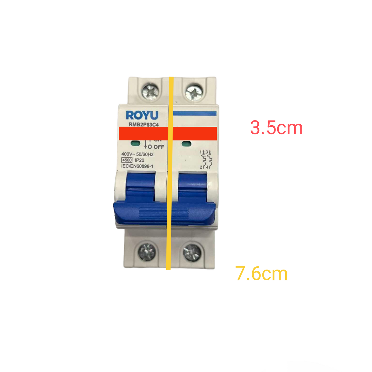 Royu 16A 2 Pole Miniature Circuit Breaker with blue toggle switches and white base