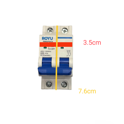 Royu 16A 2 Pole Miniature Circuit Breaker with blue toggle switches and white base