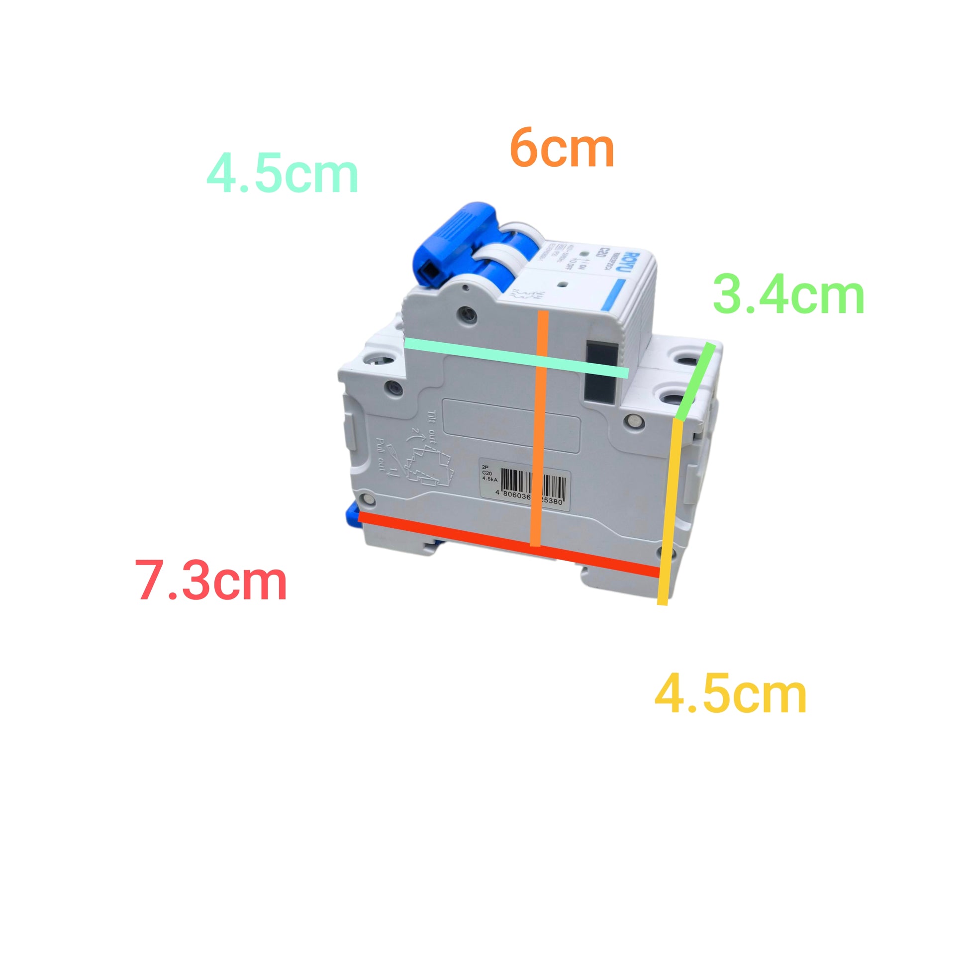 Circuit breaker with dimensions labeled on a white background