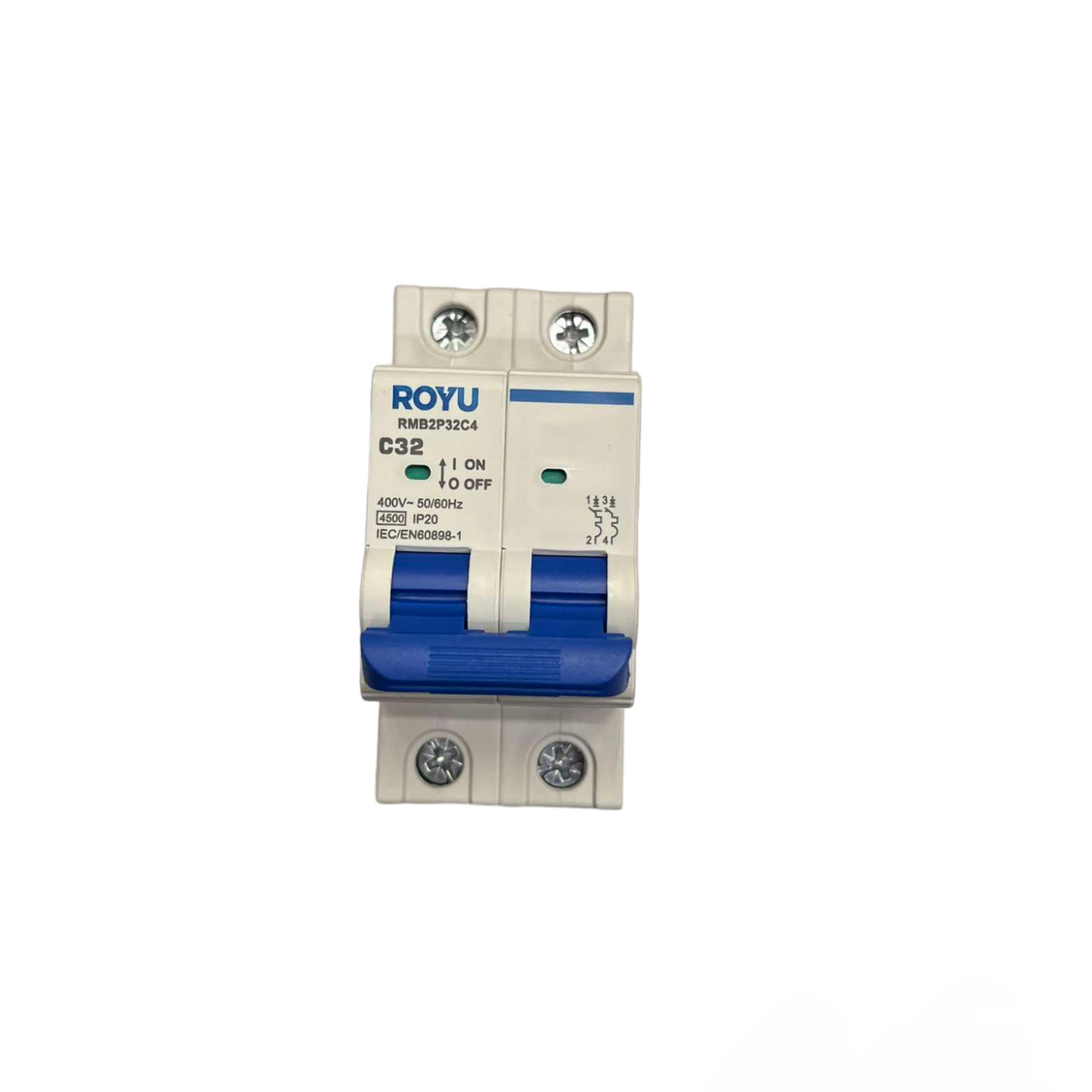 Electrical circuit breaker with Royu branding on a white background