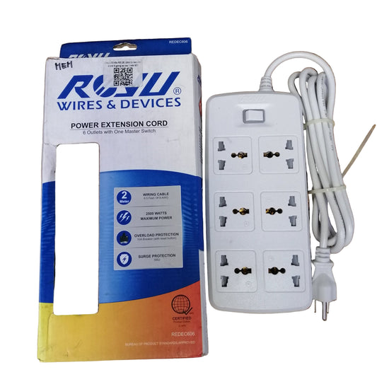 Royu 6 Gang Universal Extension Cord with One Switch10A 2 Meters Cord REDEC606