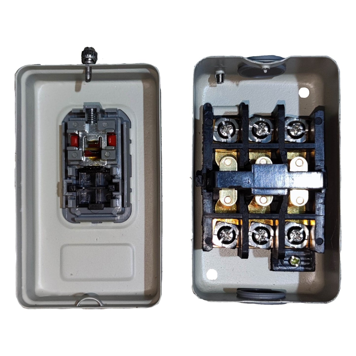 Two electrical junction boxes with internal components on a white background