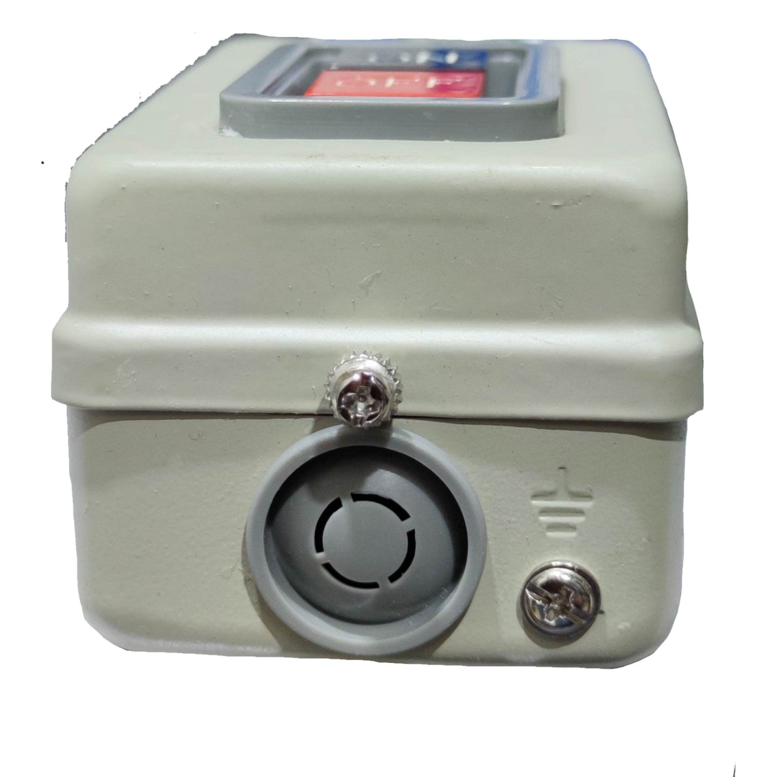 Rectangular electronic device with a speaker on a white background