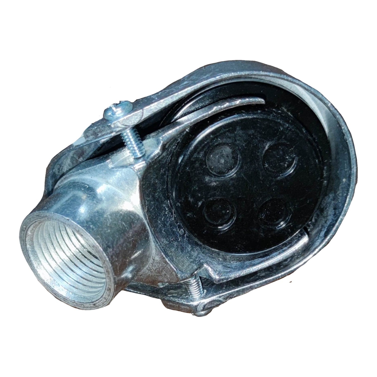 Mechanical component with metal and black parts on a white background