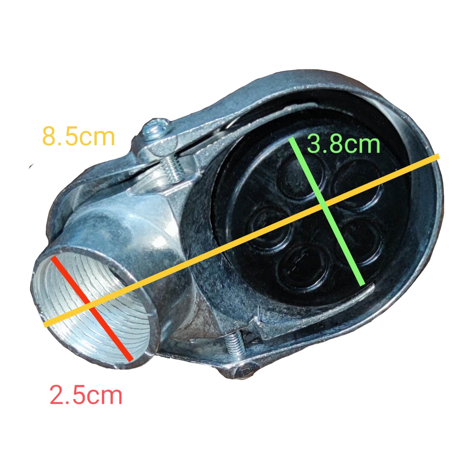 Mechanical component with measurements marked on a white background