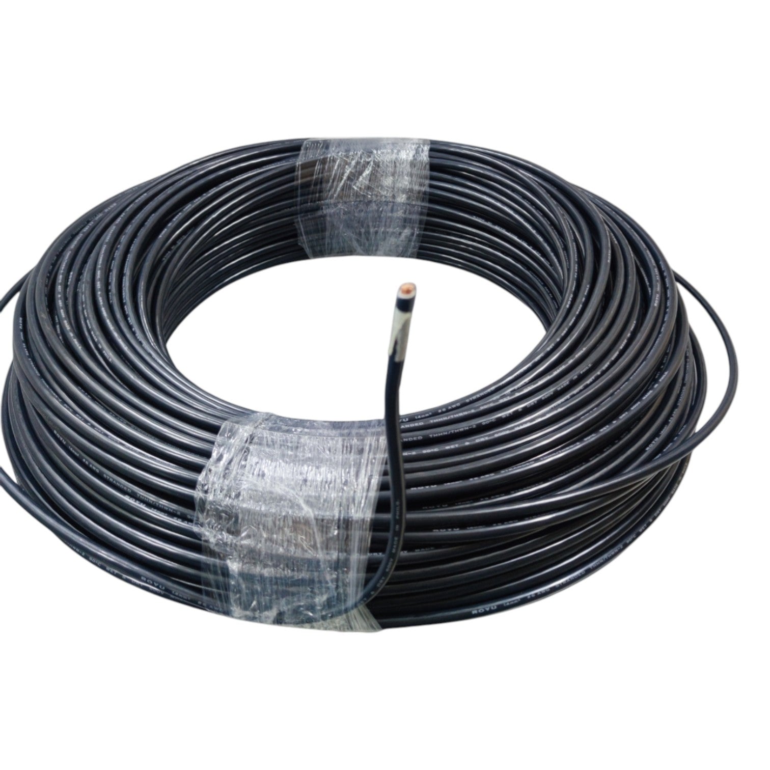 Coiled black cable on a white background