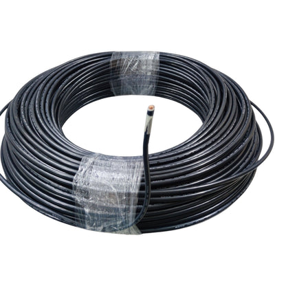 Coiled black cable on a white background