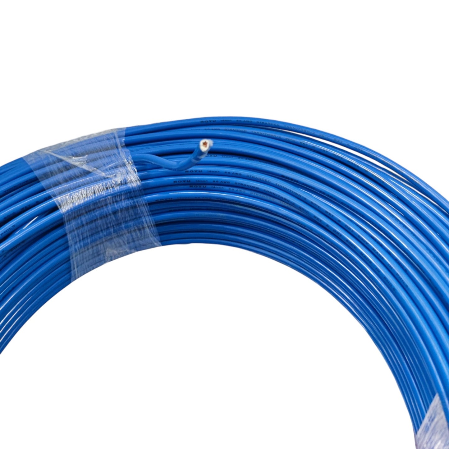 Coiled blue cable on a white background