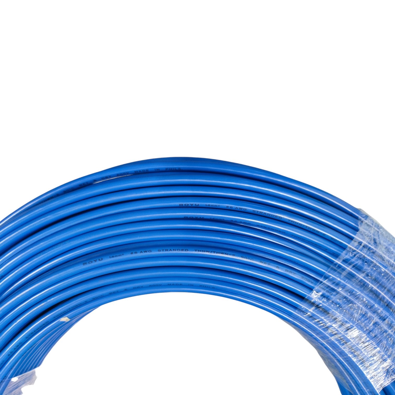 Coiled blue hose on a white background