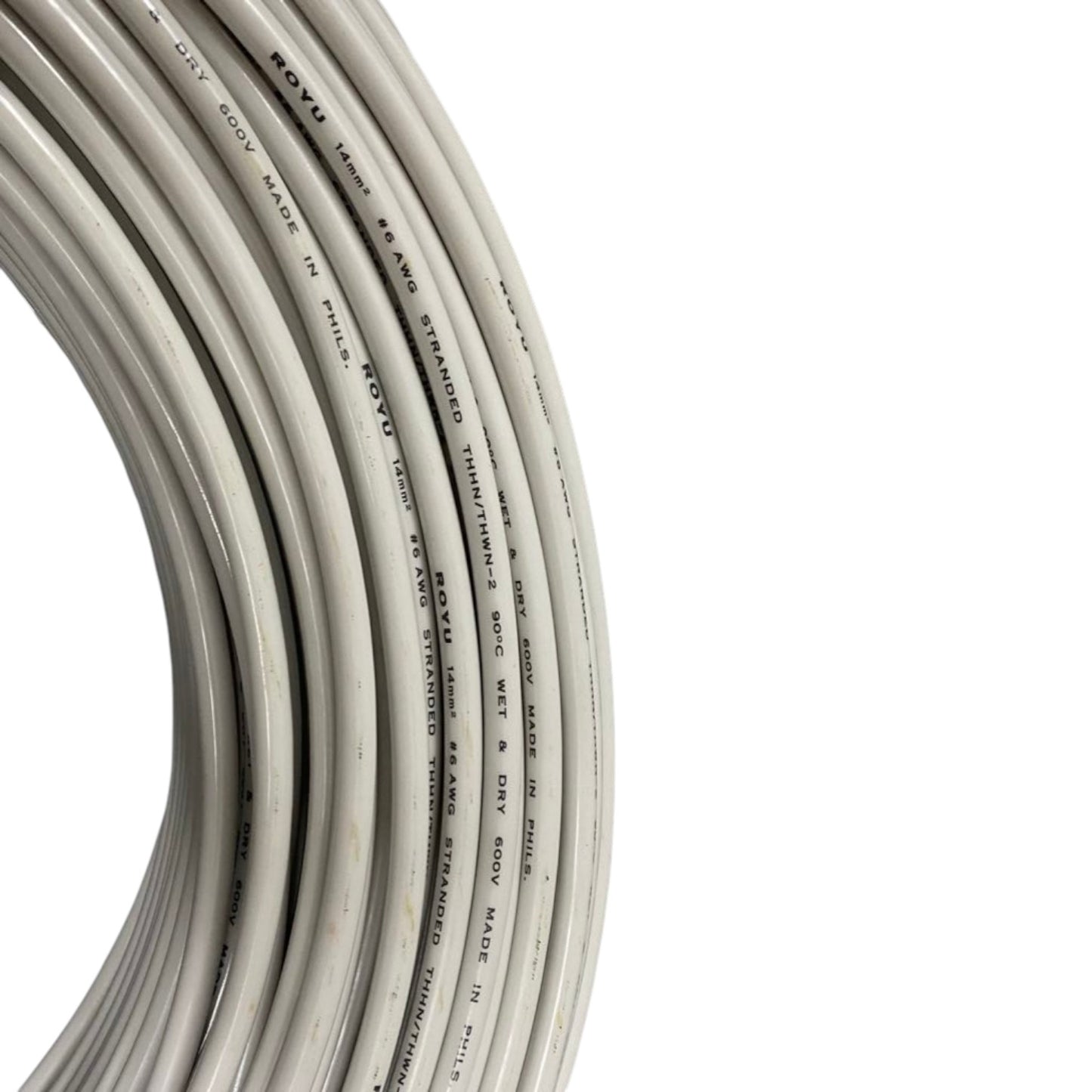 Coiled white cable with text on a white background