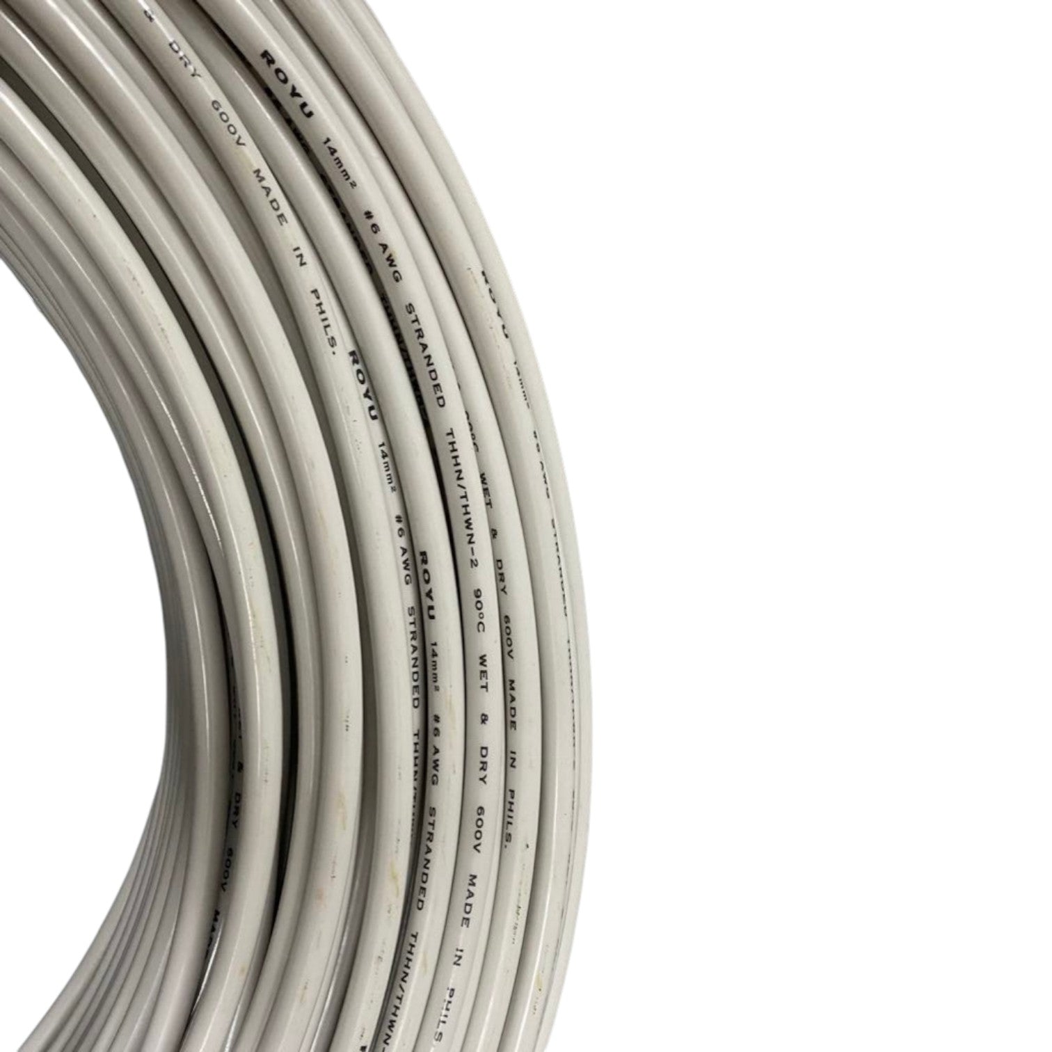 Coiled white cable with text on a white background